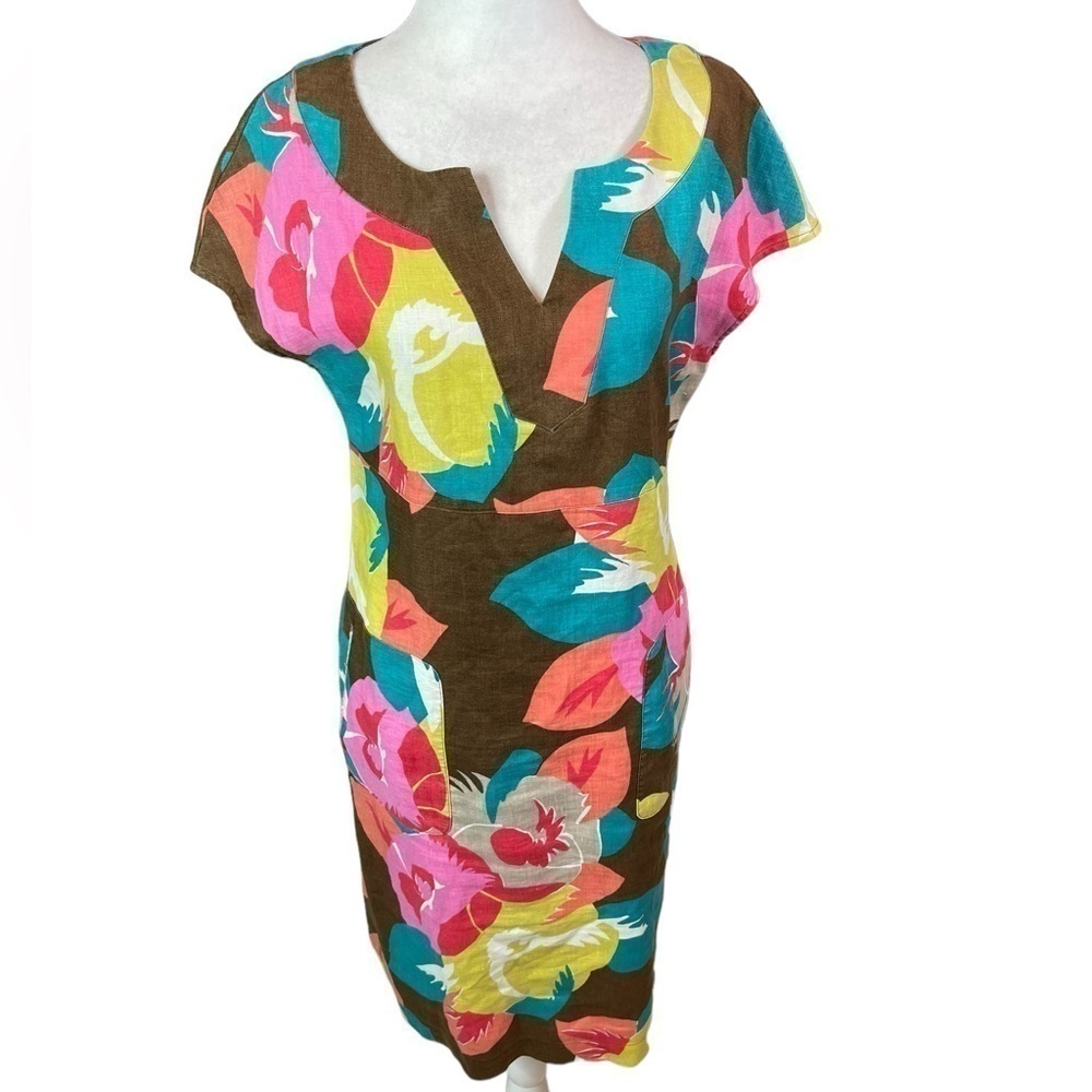 Boden Linen Floral Midi Dress, multicolored, V-neck, pockets, size 4L